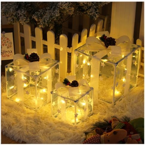 Lighted Gift Boxes Set of 3, QUICARD Christmas Holiday Decorations Gift Box with Pine Cone with Remote Control, LED Mesh Star Light Decor, for Tree Skirt Indoor Outdoor Yard Holiday Door