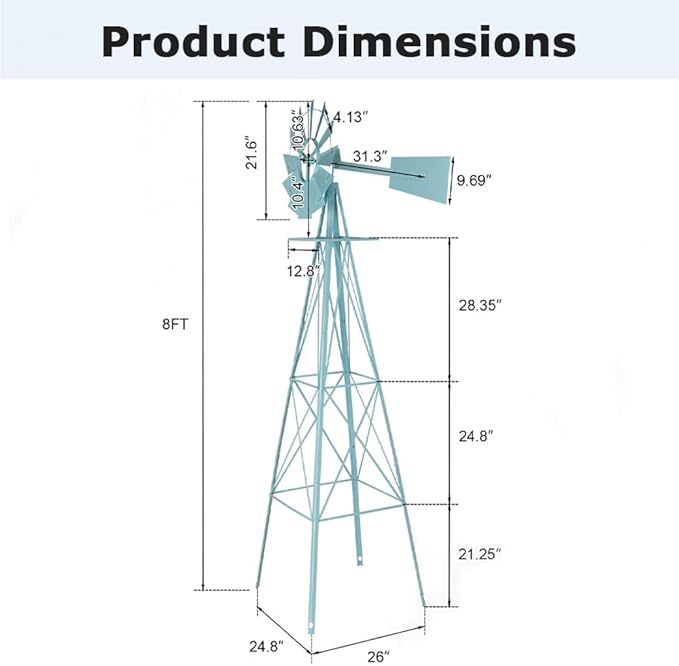 8FT Windmill for Yard Garden Decoration with Weather Vanes，Heavy Duty Outdoor Wind Mills, Large Metal Outdoor Windmill,Weather Resistant,Blue