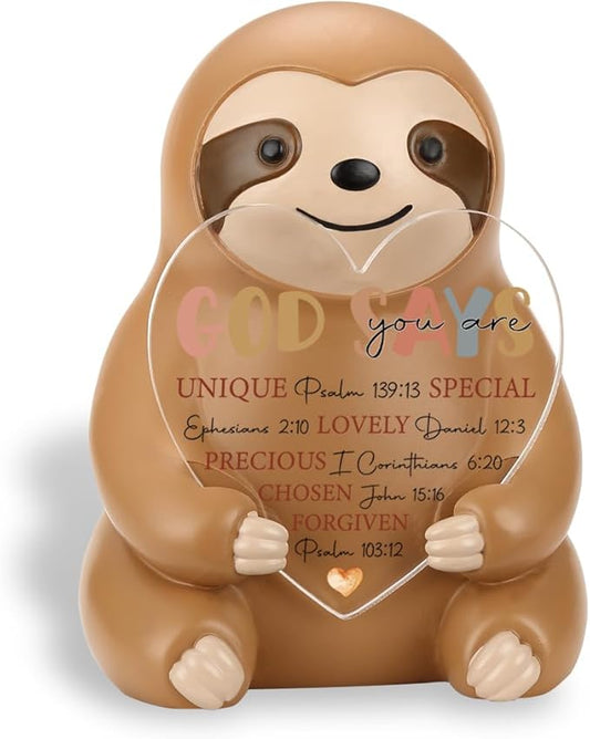 Sloth Figurine Gift with Heart Acrylic Plaque, Christian Affirmation Collectible Figurine, Positive Gifts for Women Sister Friends Family Desk Decor YSS5