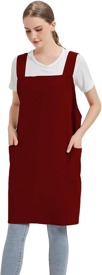 Cotton Linen Apron Cross Back Baking Cooking Gardening Apron for Women with Pockets Pinafore Dress