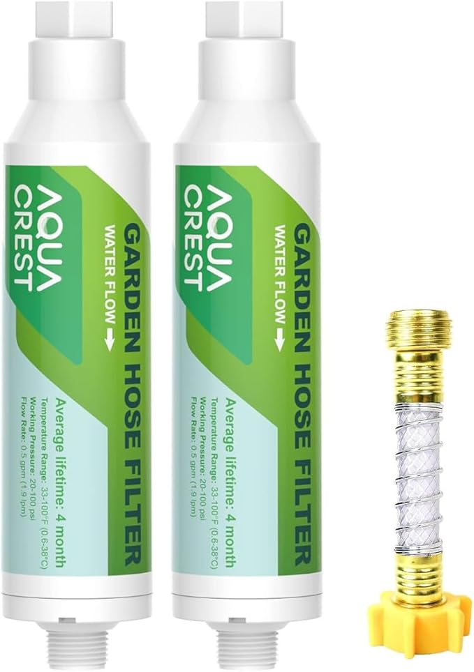 AQUA CREST Garden Hose Water Filter for Plants, Greatly Reduces Chlorine, Odor, Improve Plants Health, Ideal for Organic Gardening, Farming and Pets, Pack of 2, with Hose Protector
