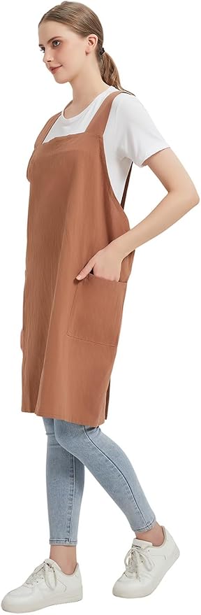 Cotton Linen Apron Cross Back Baking Cooking Gardening Apron for Women with Pockets Pinafore Dress