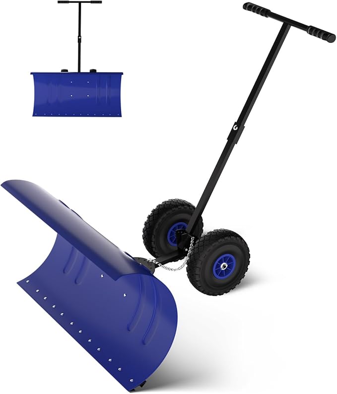 Snow Pusher with Wheels for Driveway, 29.5" Wide Heavy Duty Steel Blade, 5-Position Angle Adjustment & 60° Tilt Handle, Ergonomic Push Snow Shovel with Ground Protection for Effortless Snow Removal