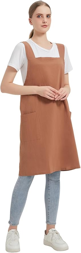 Cotton Linen Apron Cross Back Baking Cooking Gardening Apron for Women with Pockets Pinafore Dress