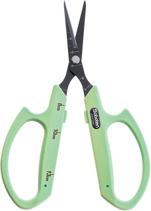 Saboten Fluorine Coated Angled Blade Trimming Scissors Green PT-2 160mm Precision Gardening Bonsai and Floral Shears Made in Japan