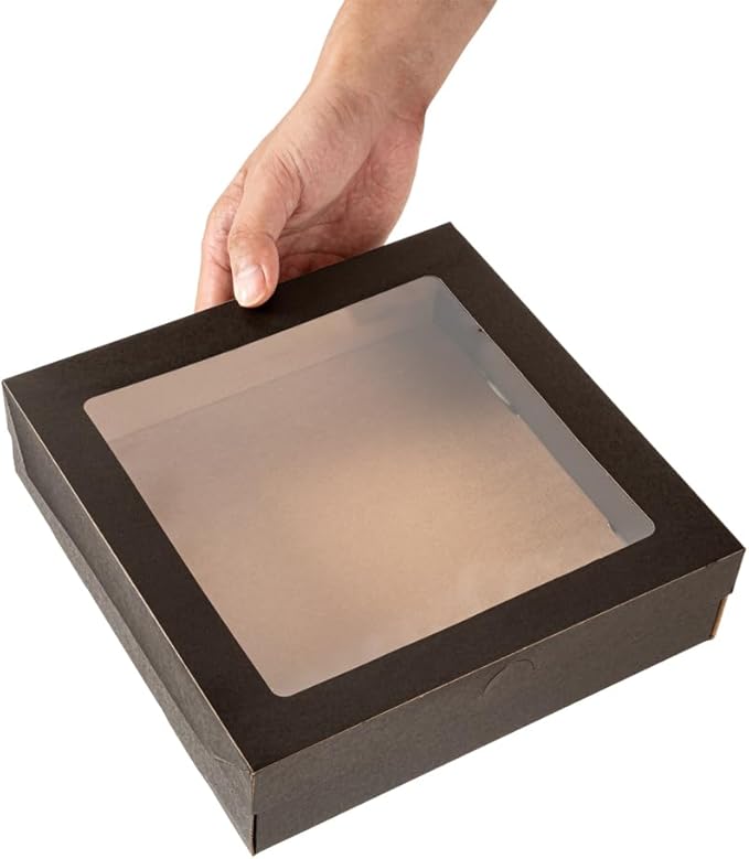 Restaurantware Cater Tek 9 x 9 x 2.4 Inch Baked Goods Boxes 10 Greaseproof Pastry Boxes - Window Lids Insert Tab Lock Black Paper Catering Boxes Easy Assembly For Charcuterie Or Cupcakes