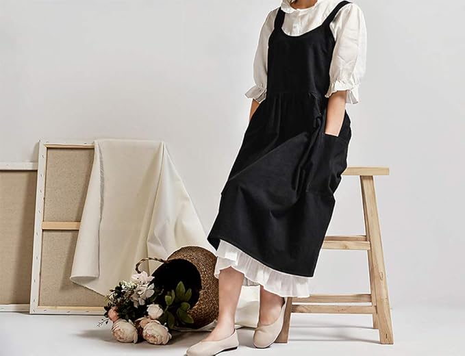 NEWGEM Cotton Linen Cross Back Apron for Women with Pockets for Cooking Baking Black without Waist Ties