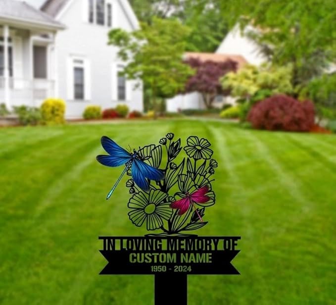 Custom Dragonfly Memorial Stake – Dragonfly Metal Grave Marker, Garden Yard Stake Outdoor Decor (Dragonfly Memorial)