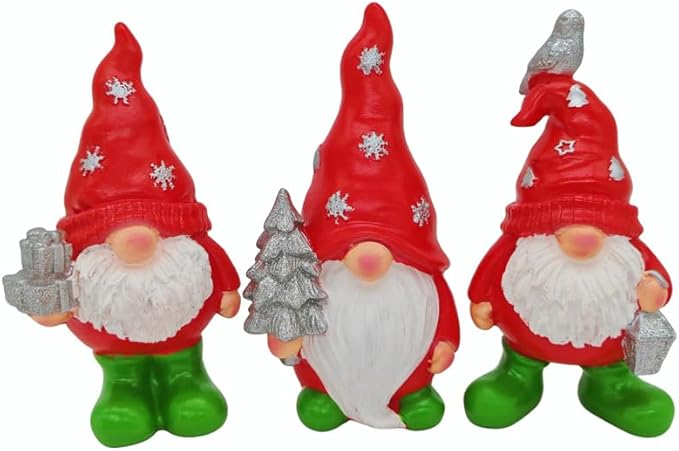 3PCS Christmas Gnome Decorations - Red & Green Holiday Gnomes with Gifts, Resin Xmas Elf Figurines for Home Decor, Shelf, Mantel, Tabletop Festive Indoor Ornaments (4.93-5.11 in)