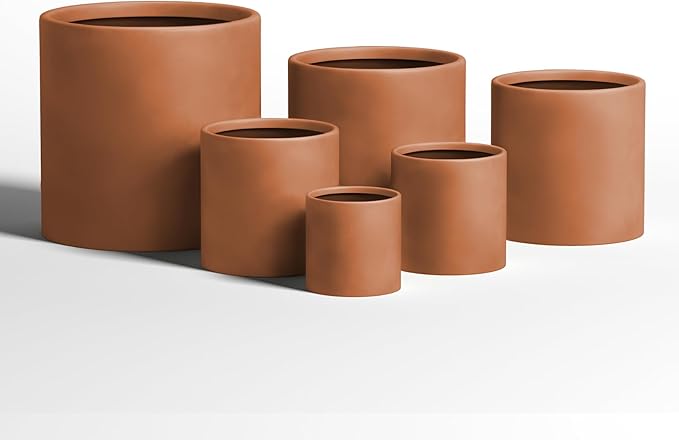 DTY Signature Mount Powell Fiberstone Planter - 12 Inch Medium Terracotta Cylindrical Mid-Century Modern Home Decor Indoor & Outdoor Plant Pot - Durable Planters for Indoor Plants, Outdoor Spaces