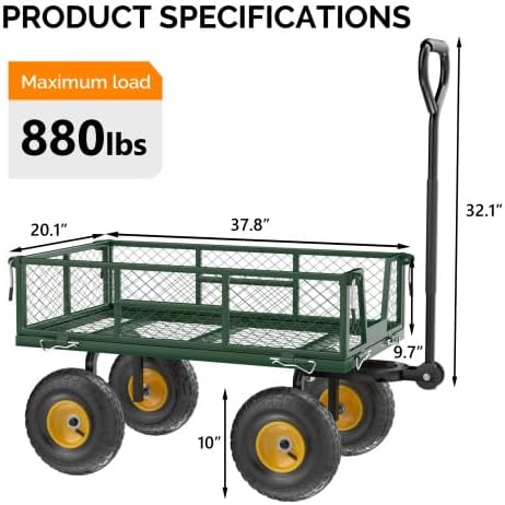 VINGLI Garden Carts and Wagons with 180° Rotating Handle and Detachable Iron Mesh, 440 LBS 880 LBS Heavy Duty Utility Carts Dump Cart for Garden, Lawn & Landscaping (Green, 880 lbs)