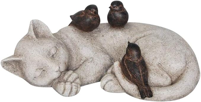 Comfy Hour Loving Memory Collection 12" Length Garden Accent Decorative Sparrows On Cat Figurine, Polyresin Statue Stone Looking