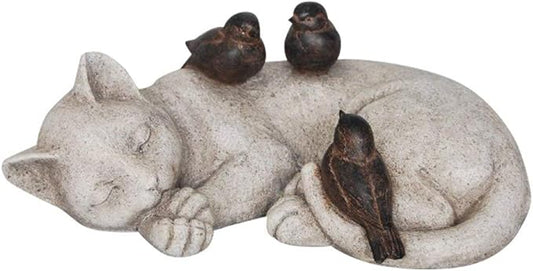 Comfy Hour Loving Memory Collection 12" Length Garden Accent Decorative Sparrows On Cat Figurine, Polyresin Statue Stone Looking