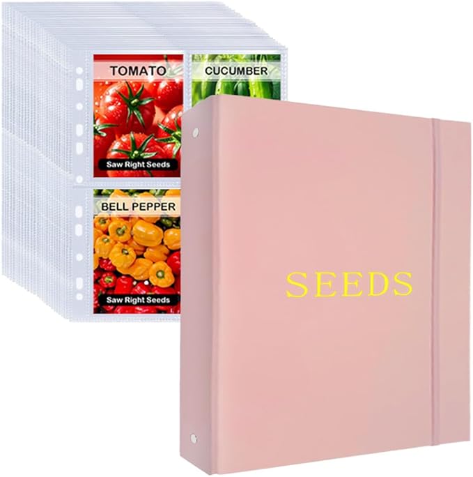 Seed Storage Organizer Binder, 3 Ring Seed Packet Organizer with 100 Clear Pockets(25 Pack Sheet Sleeves), Garden Seed Holder Book for Seed Envelopes Card, Plant Seed Saver, Flower Seed Keeper(A4)