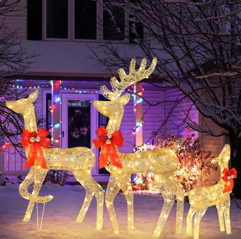 VINGLI Lighted Reindeer Christmas Decoration 3-Piece Deer Family Set for Outdoor Decor, Pre-lit 270 LED Christmas Deers for Outdoors Yard Ornament with Stakes, Zip Ties-Gold