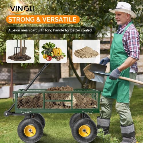 VINGLI Garden Carts and Wagons with 180° Rotating Handle and Detachable Iron Mesh, 440 LBS 880 LBS Heavy Duty Utility Carts Dump Cart for Garden, Lawn & Landscaping (Green, 880 lbs)