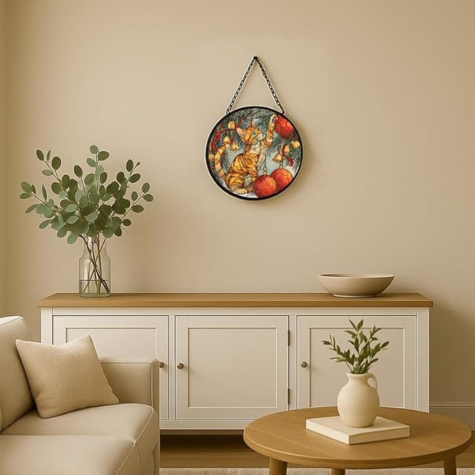 Stained Glass Window Hanging – 11.8 in Cat and Christmas Ornaments Panel with Chain， Bathroom Front Door Living Room Garden Decor， Gift for Mom Wife Lovers
