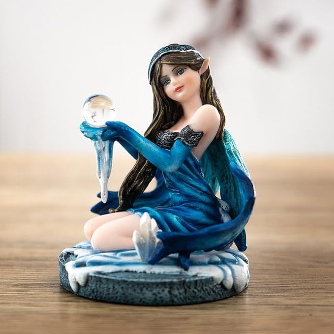 Pacific Giftware 3" Blue Ice Fairy Figurine with Crystal Ball and Frost Accents Small Fairy Statue Perfect for Tabletop Decor and Fantasy Collection