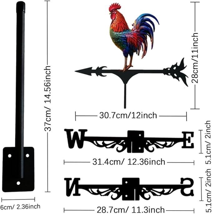 Metal Rooster Weathervane Yard Barn Ornament Colorful Weather Vane Roof Vivid Cock Wind Direction Indicator Outdoor Garden Art Decor (F)