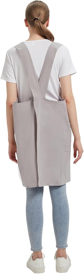 Cotton Linen Apron Cross Back Baking Cooking Gardening Apron for Women with Pockets Pinafore Dress