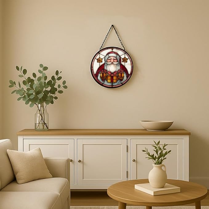 Stained Glass Window Hanging – 6.3 in Santa Claus Holding Presents Panel with Chain， Bathroom Front Door Living Room Garden Decor， Gift for Mom Wife Lovers