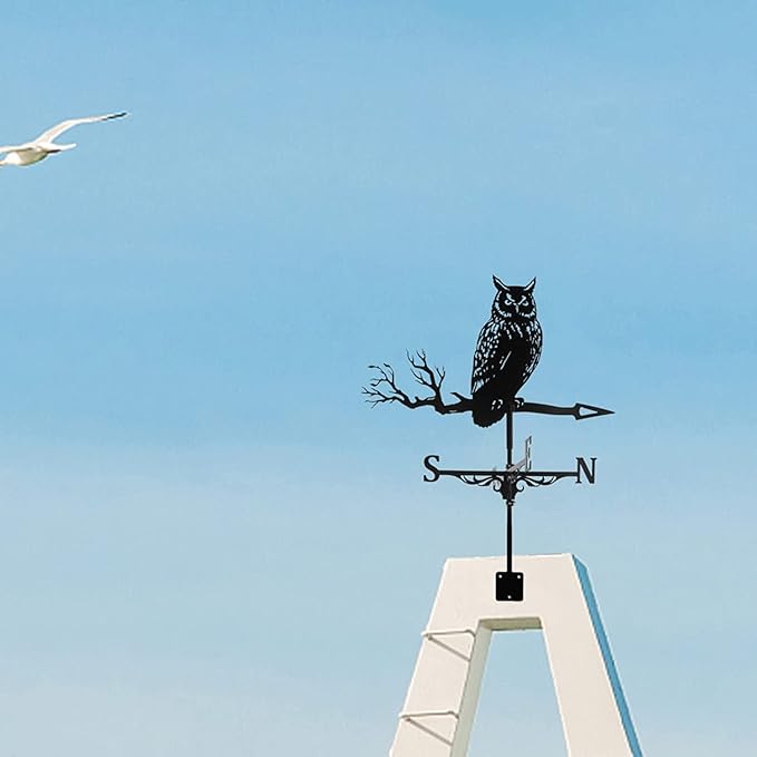 3D Animal Metal Weather Vane, Wind Direction Indicator, Garden Patio Roof Decoration (Owl)
