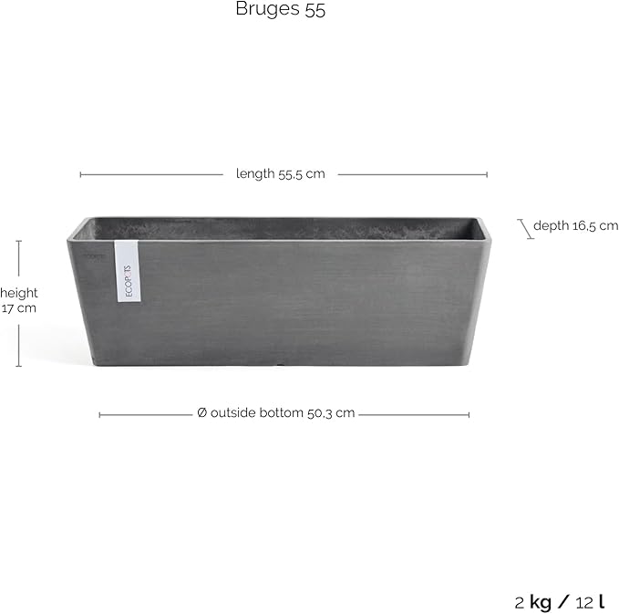 Ecopots Bruges Durable Modern Rectangular Indoor/Outdoor Recycled-Based Composite Flower Pot Planter, Grey, 21.5"