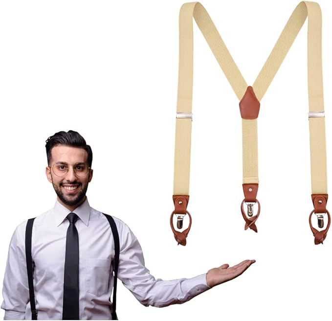 UPSONG Mens Suspenders，Brown Leather Button Tab and Clip Braces Heavy Duty Suspender Wedding Suspenders for Groom Groomsmen