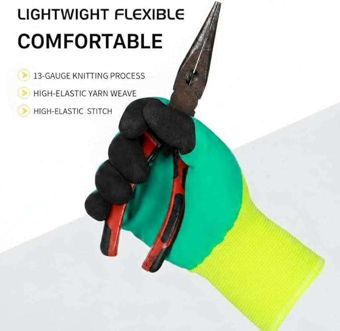 Pro L538 Safety Work Gloves, Green and Yellow, Latex Rubber Coated, Size 8, for Construction, Gardening, Warehouse, Assembly