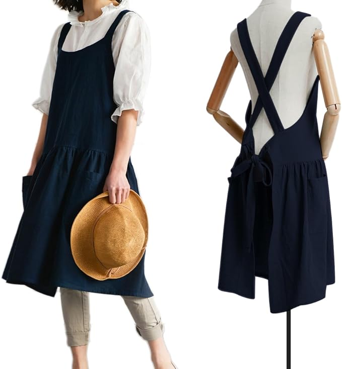 NEWGEM Cotton Linen Cross Back Apron for Women with Pockets for Cooking Baking Navy Blue with Waist Ties