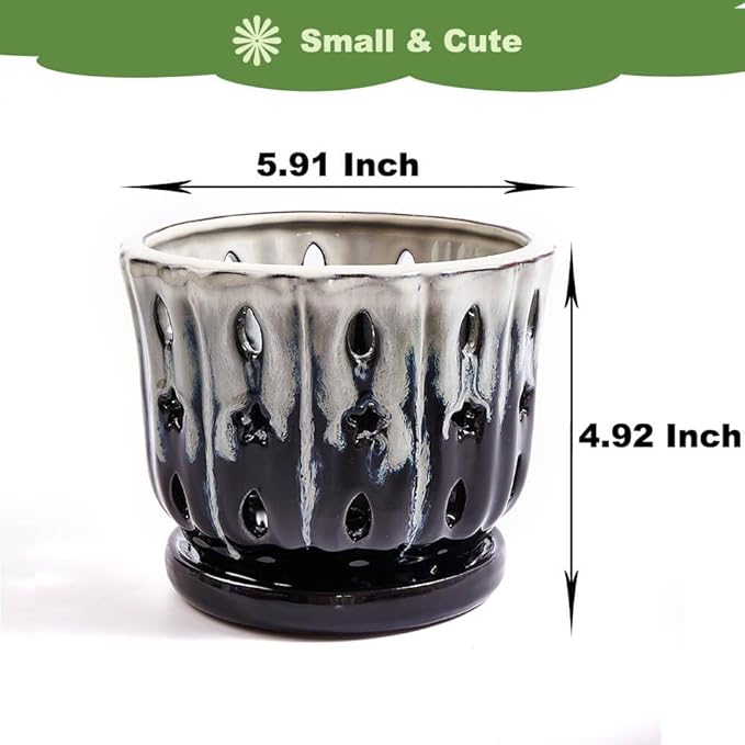 Orchid Pots with Holes Attached Saucers 6 Inches - 1 Pcs Small Ceramic Pots for Repotting, Decorative Ceramic Orchid Planter with Hole for Healthy Root Growth White Over Black