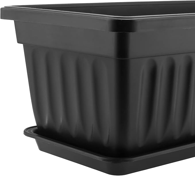 SINJEUN 6 Pack 17 Inch Rectangle Flower Window Box, Plastic Rectangular Vegetable Planters with Trays and Plant Labels, Rectangular Windowsill Planter for Porch, Balcony, Home Decor, Black