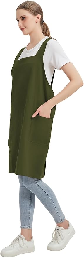 Cotton Linen Apron Cross Back Baking Cooking Gardening Apron for Women with Pockets Pinafore Dress