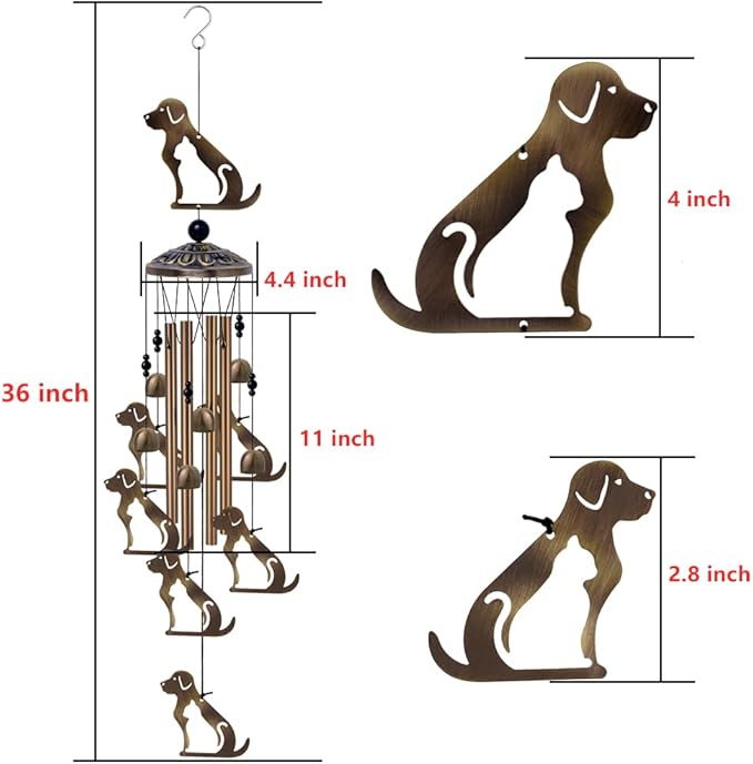Outdoor Dogs Wind Chimes Indoor Decor - Hand-Made Mobile Romantic Bronze Wind Catcher, 36" Puppys Wind Bells for Home, Balcony, Patio, Garden Festival Decoration, Gift for Mom(4 Tubes, 6 Bells, 7Dogs)