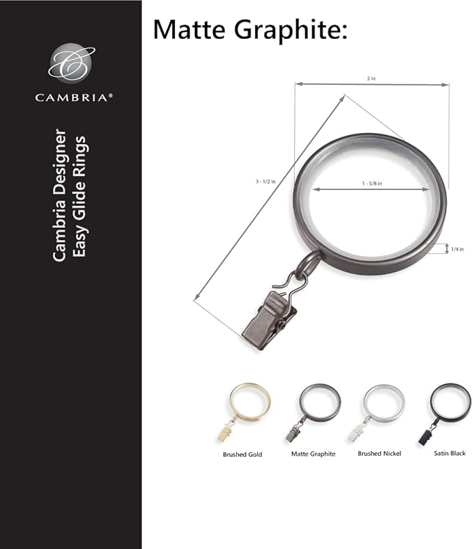 MODE Cambria Designer Series - Premium Easy Glide 18 Count Curtain Rings - Metal with Smooth, Quiet Nylon Inserts with Clips - 2 inch Diameter (1-5/8 inch Inside Diameter) - Matte Graphite