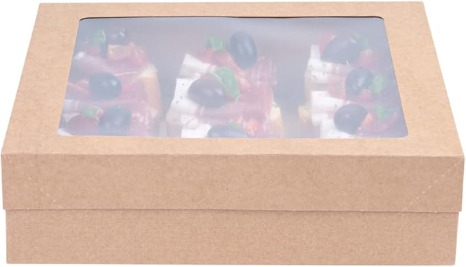 Restaurantware Cater Tek 9 x 9 x 2.4 Inch Catering Boxes 10 Insert Tab Lock Baked Goods Boxes - Window Lids Easy Assembly Kraft Paper Window Pastry Boxes For Charcuterie Or Cupcakes