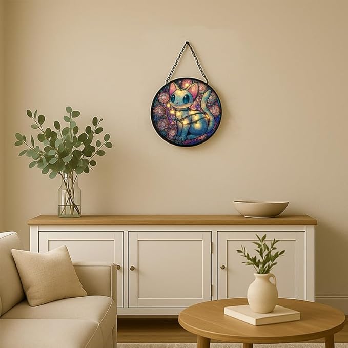 Stained Glass Window Hanging – 6.3 in Cute Cat with String Lights Panel with Chain， Bathroom Front Door Living Room Garden Decor， Gift for Mom Wife Lovers