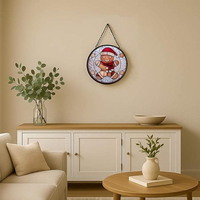 Stained Glass Window Hanging – 11.8 in Gingerbread Man Santa Panel with Chain， Bathroom Front Door Living Room Garden Xmas Decor， Gift for Mom Wife Lovers