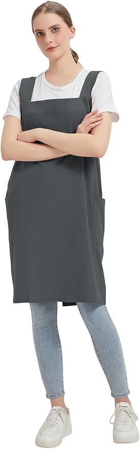 Cotton Linen Apron Cross Back Baking Cooking Gardening Apron for Women with Pockets Pinafore Dress