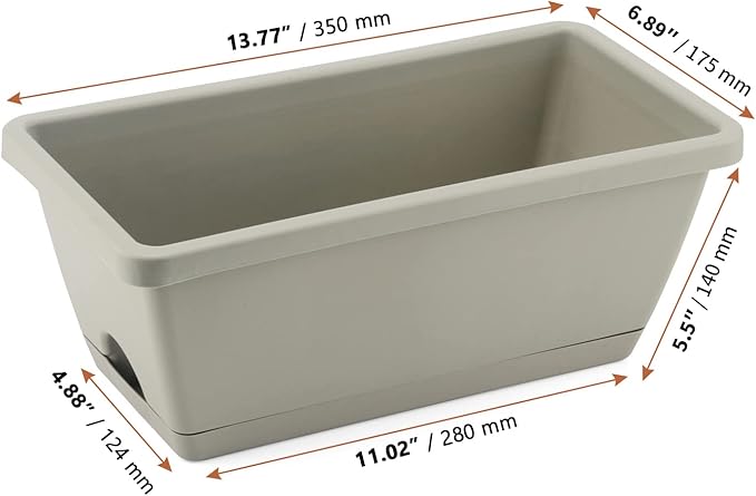 LEXININ 6 Pack 14 Inch Plastic Rectangular Window Planter Box, Window Vegetable Planter Box with Trays, Rectangular Flower Pots for Windowsill, Garden, Balcony, Patio, Grey