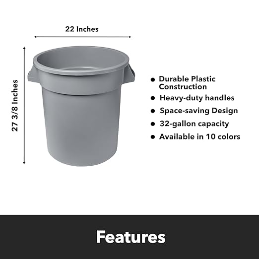Feed and Seed Storage Container, 32 Gallon Gray Round Commercial Trash Can, Food Storage Plastic Bin, Use in Agricultural, Gardening, or Household