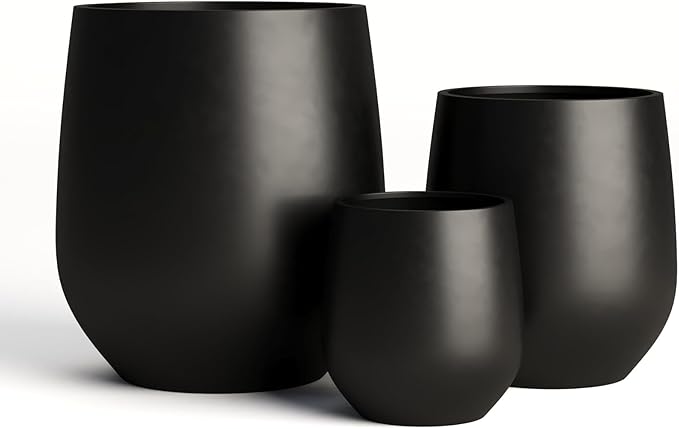 DTY Signature Mount Wilson Lightweight and Durable Modern Fiberstone Tapered Planter for Indoor Outdoor Drainage Hole & Rubber Plug Weather Resistant, 16.7" H x 15" Dia, 11.7" Opening - Medium, Black
