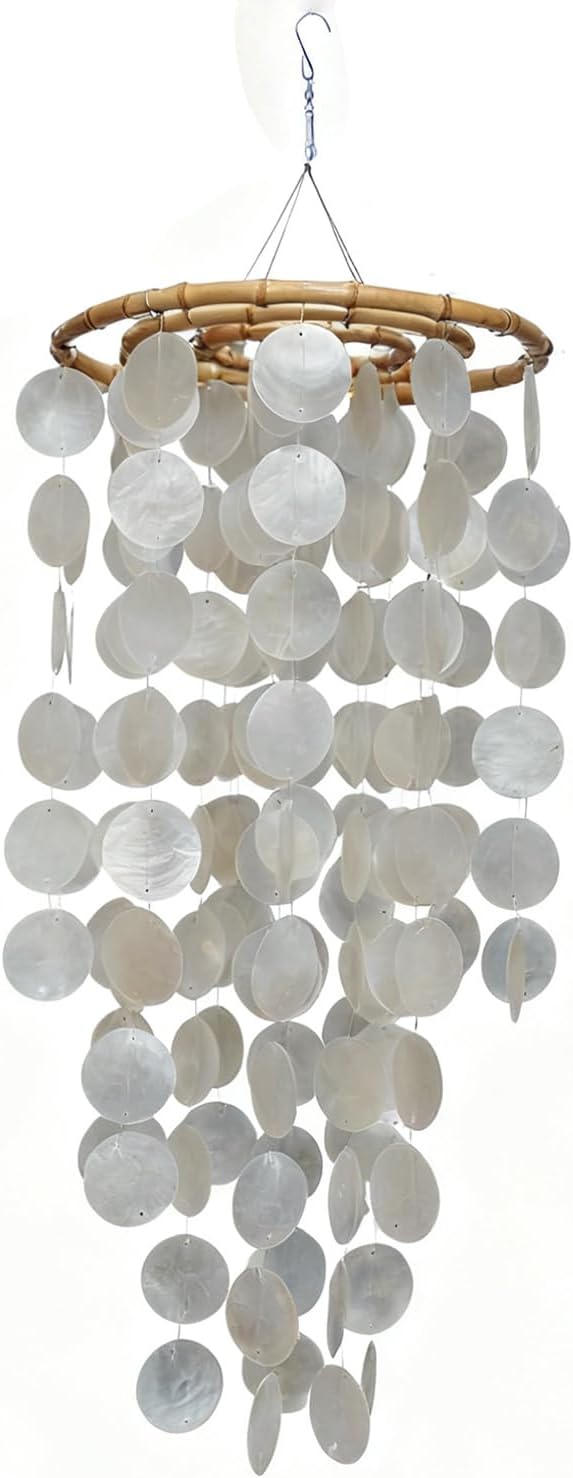 Capiz Shell Large Wind Chime for Outside Sea Glass Wind Chime Ocean/Beach Themed Chime Gift for Women Mother’s Day Decoration-White，32"*11"