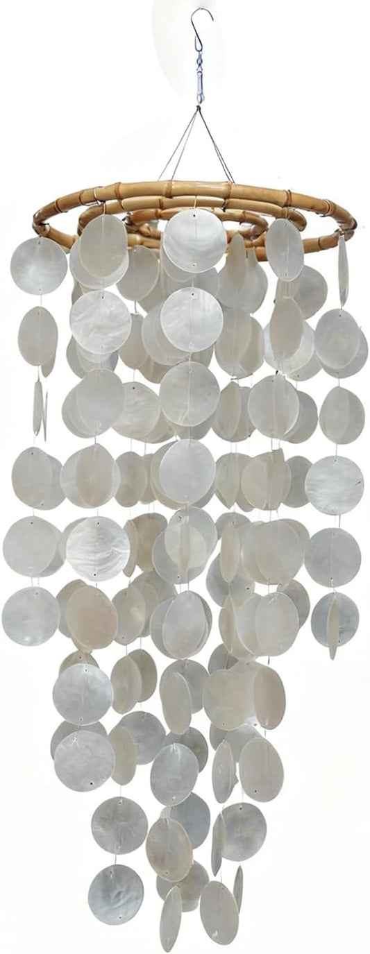 Capiz Shell Large Wind Chime for Outside Sea Glass Wind Chime Ocean/Beach Themed Chime Gift for Women Mother’s Day Decoration-White，32"*11"