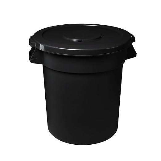 Feed and Seed Storage Container, 32 Gallon Black Round Commercial Trash Can and Lid, Food Storage Plastic Bin, Use in Agricultural, Gardening, or Household