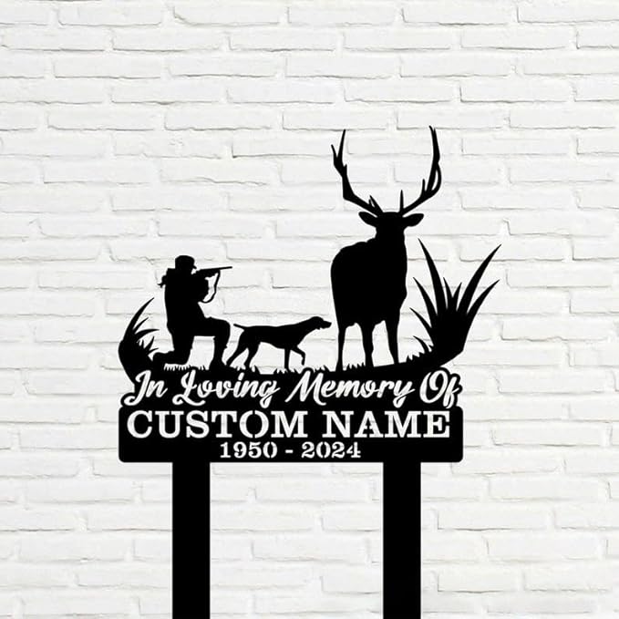 Custom Deer Dog Memorial Metal Stake – Personalized Hunting Grave Marker, Deer Forest Garden Stake, Yard Outdoor Decor (Deer Hunter Memorial)
