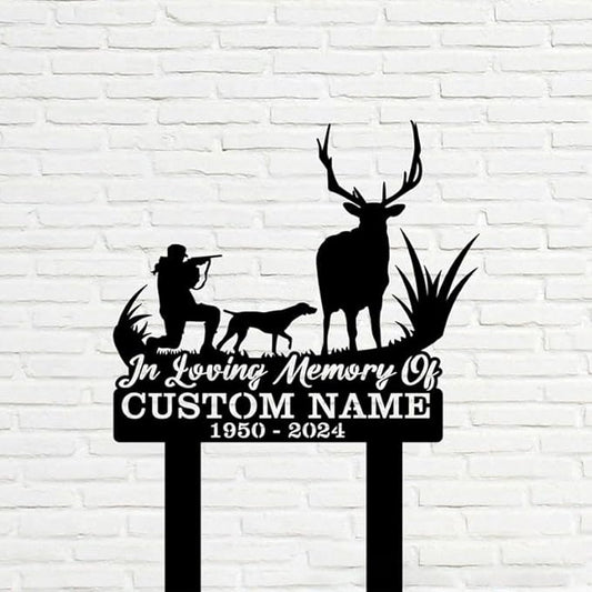 Custom Deer Dog Memorial Metal Stake – Personalized Hunting Grave Marker, Deer Forest Garden Stake, Yard Outdoor Decor (Deer Hunter Memorial)