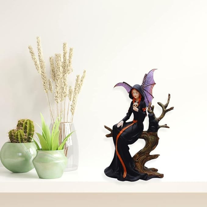 Comfy Hour Fairyland Collection Resin Fairy Witch with Skull and Black Cat Sitting On Withered Tree Crafted Figurine