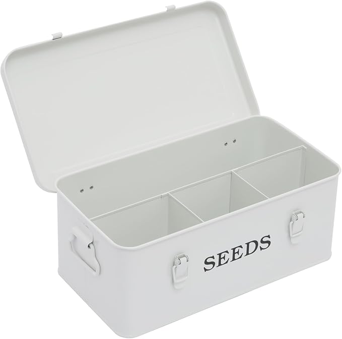 Garden Seed Box, White Metal Seed Storage Box, Seed Storage Organizer Case with 4 Dividers, Seeds Packet Container for Gardening, Seed Envelope Storage Box with Portable Handle & Safety Lock