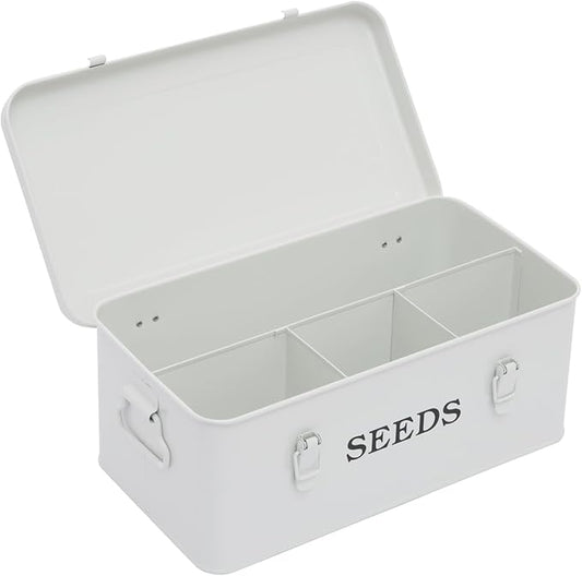 Garden Seed Box, White Metal Seed Storage Box, Seed Storage Organizer Case with 4 Dividers, Seeds Packet Container for Gardening, Seed Envelope Storage Box with Portable Handle & Safety Lock